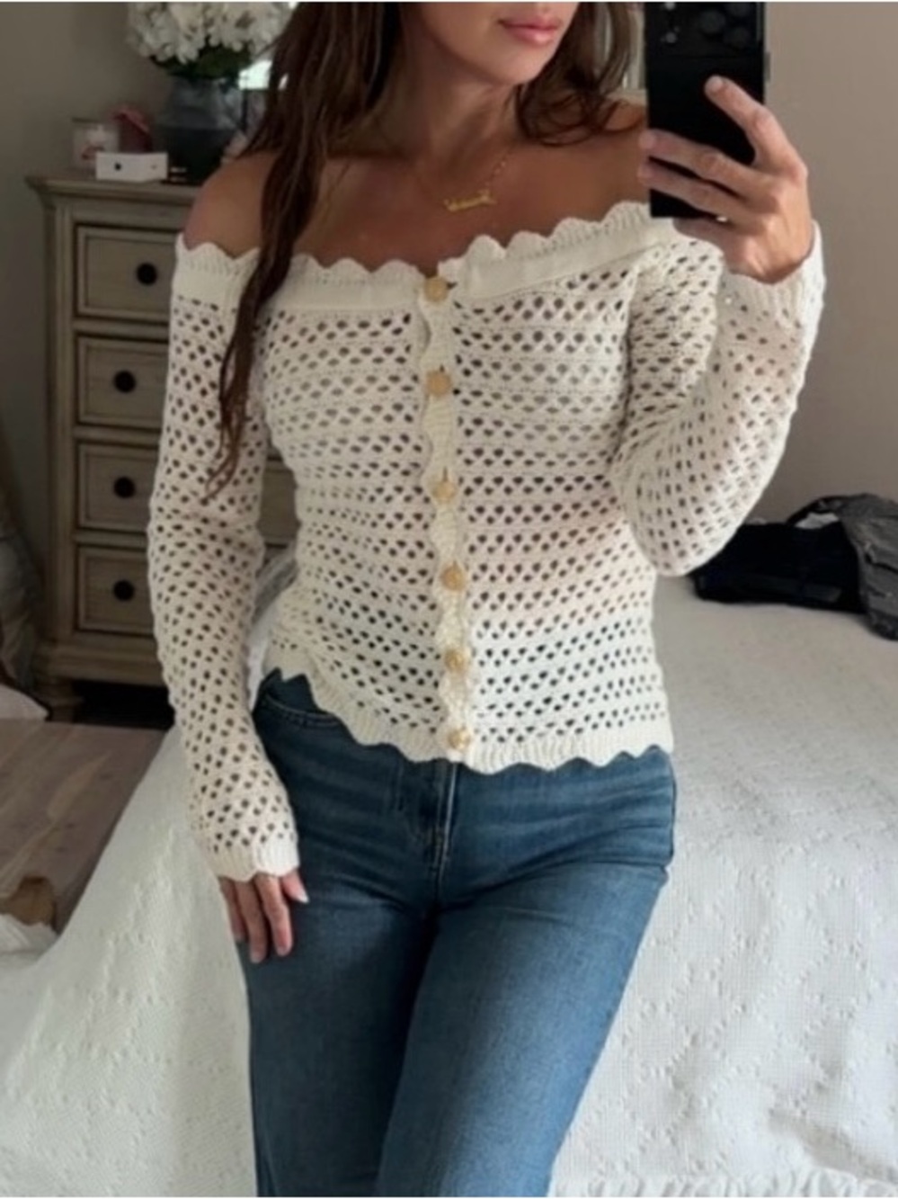 Off-Shoulder Crochet Button-Front Sweater in Cream express